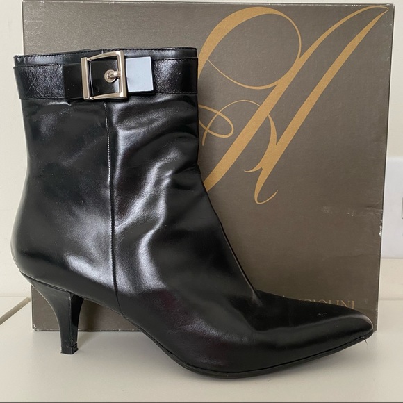 Enzo Angiolini Shoes - Enzo Angiolini Eababy Black Leather Ankle Boot w/ Silver Buckle Kitten Heel 10